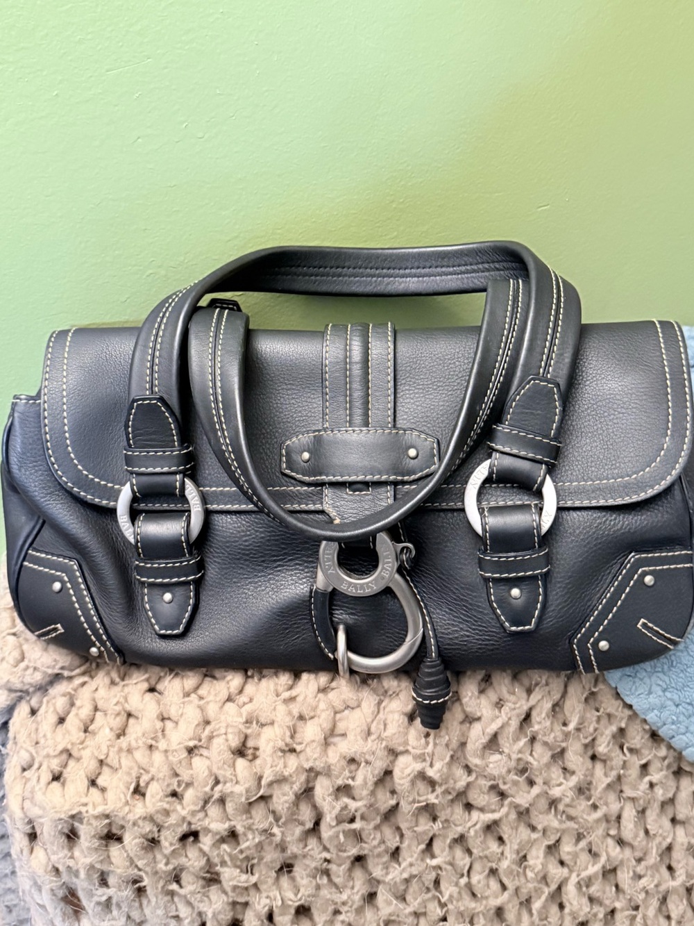 Bally Black Leather Shoulder Bag with Silver Ring Hardware